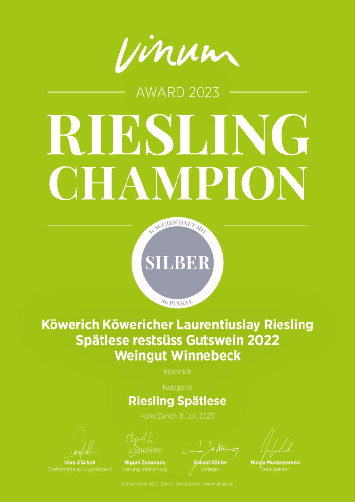 Vinum_Koewericher_Laurentiuslay_Riesling_Spaetlese_restsuess_Silber_Award_2023